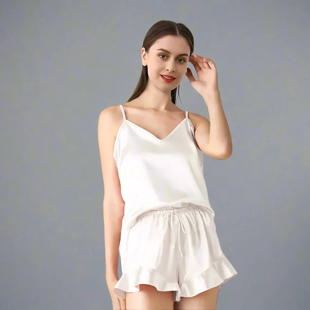 19MM 100% Mulberry Silk Pajama Set for Women – Elegant Ruffled Sleepwear