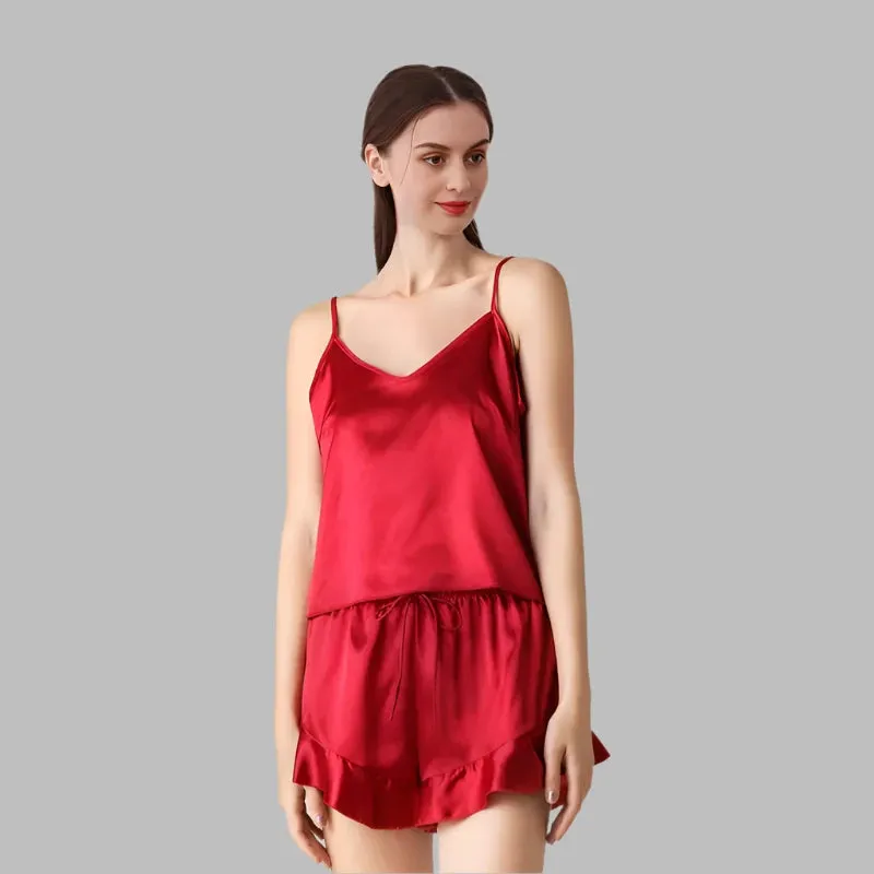 19MM 100% Mulberry Silk Pajama Set for Women – Elegant Ruffled Sleepwear