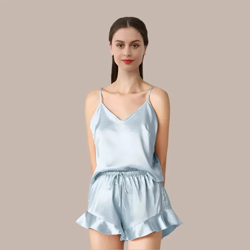 19MM 100% Mulberry Silk Pajama Set for Women – Elegant Ruffled Sleepwear