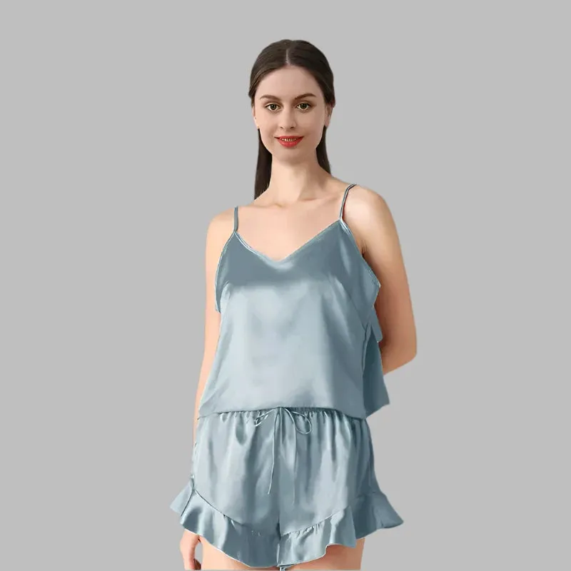 19MM 100% Mulberry Silk Pajama Set for Women – Elegant Ruffled Sleepwear