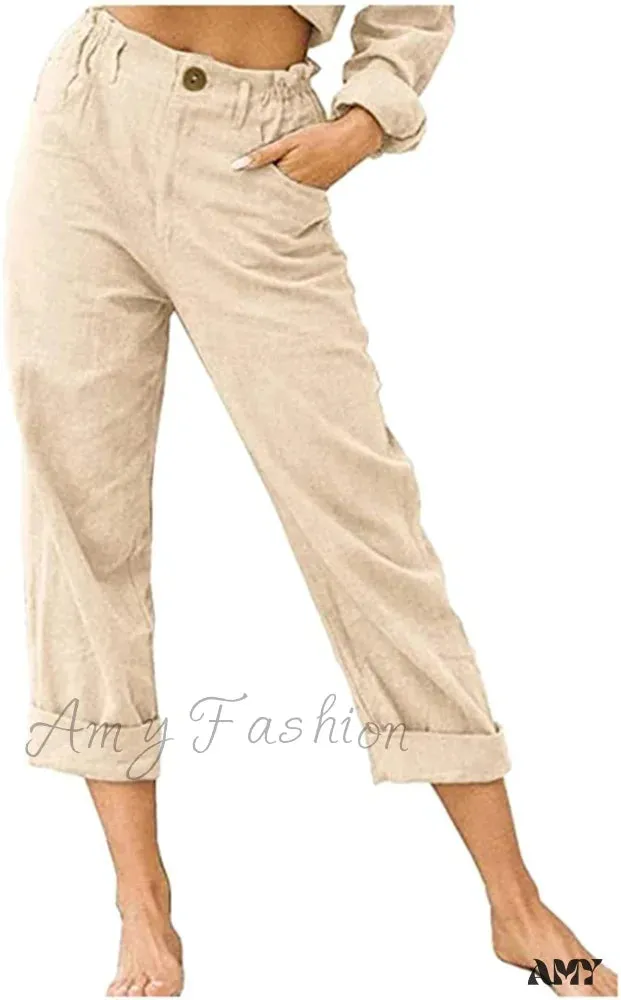 Amy Fashion - Linen Buttons Cropped Pants High Elastic Waist Stretch Capris