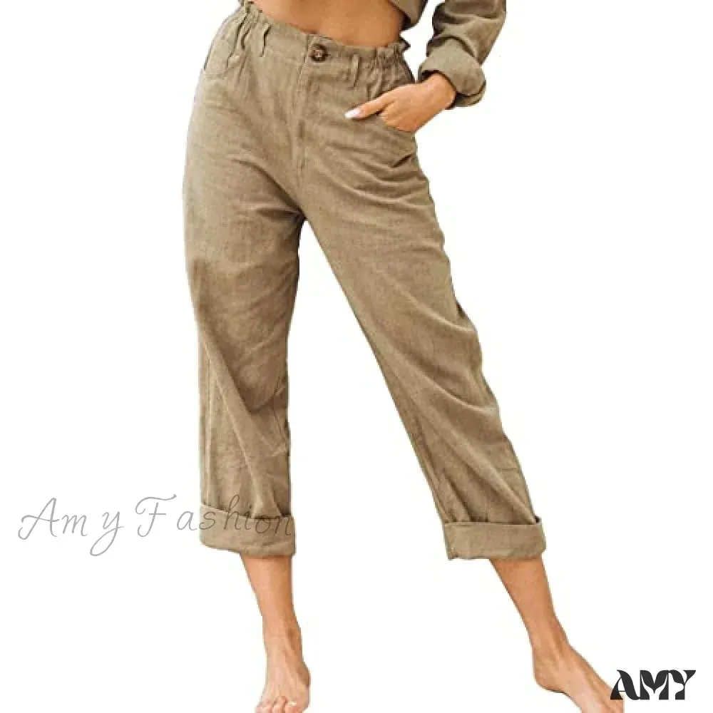 Amy Fashion - Linen Buttons Cropped Pants High Elastic Waist Stretch Capris