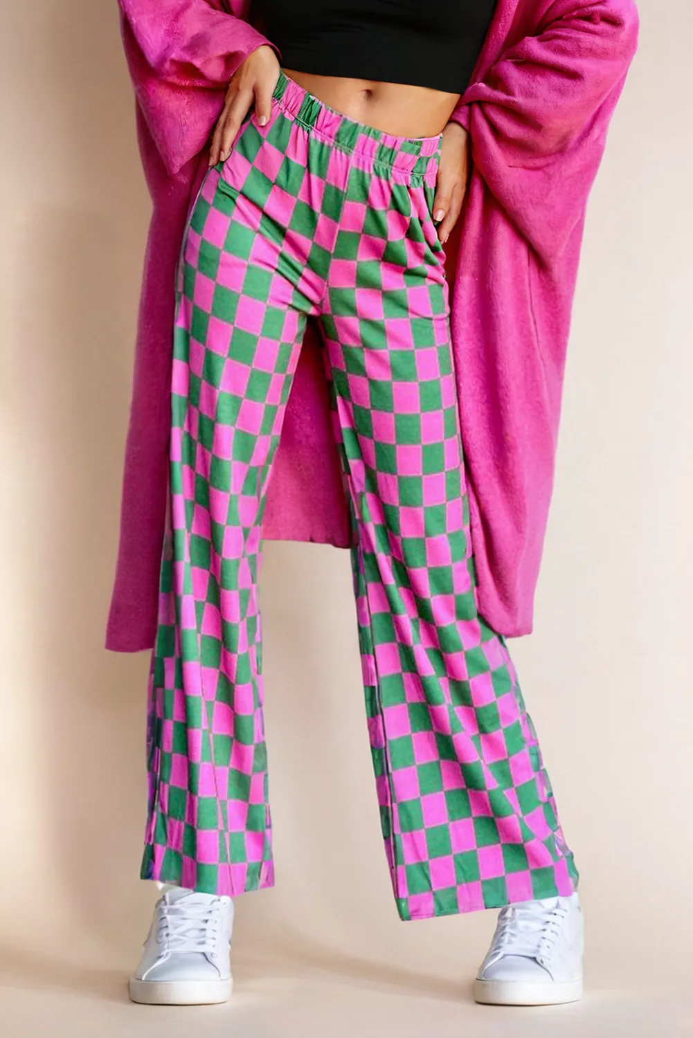 Checkered Print High Waist Wide Leg Pants