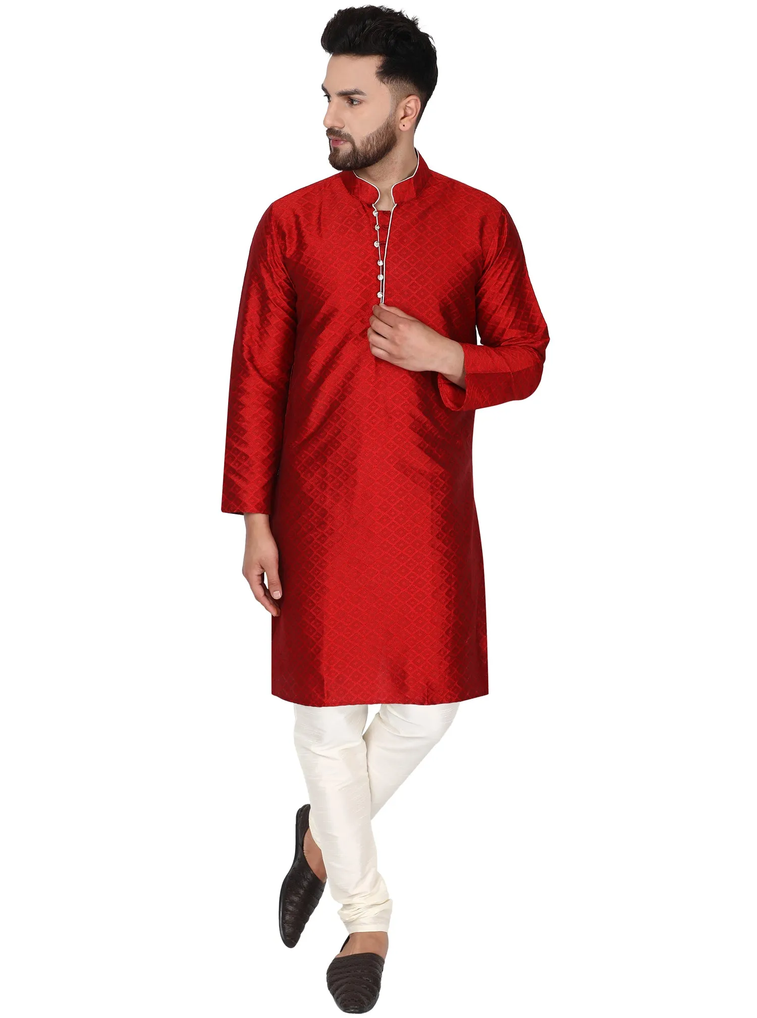 Men's Indian Art Silk Kurta Pajama Wedding Party Festive Season Dress Set Red