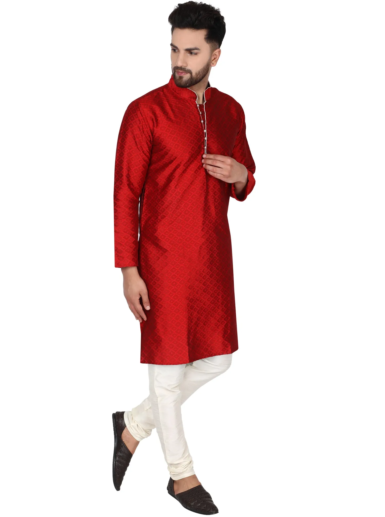 Men's Indian Art Silk Kurta Pajama Wedding Party Festive Season Dress Set Red