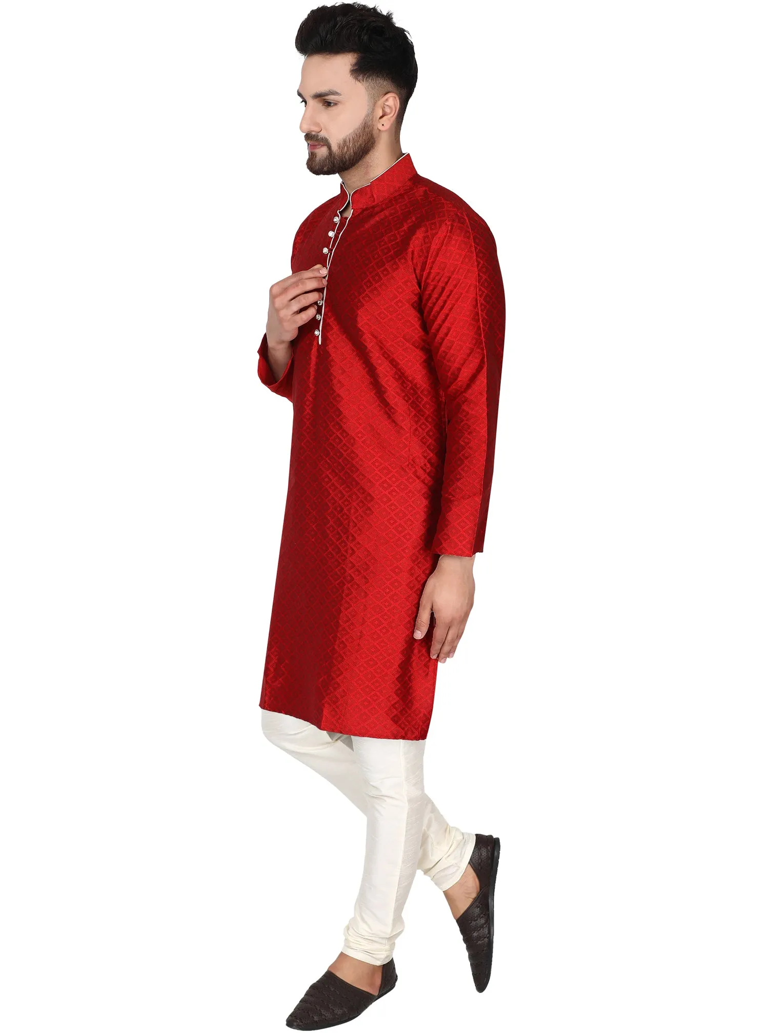 Men's Indian Art Silk Kurta Pajama Wedding Party Festive Season Dress Set Red