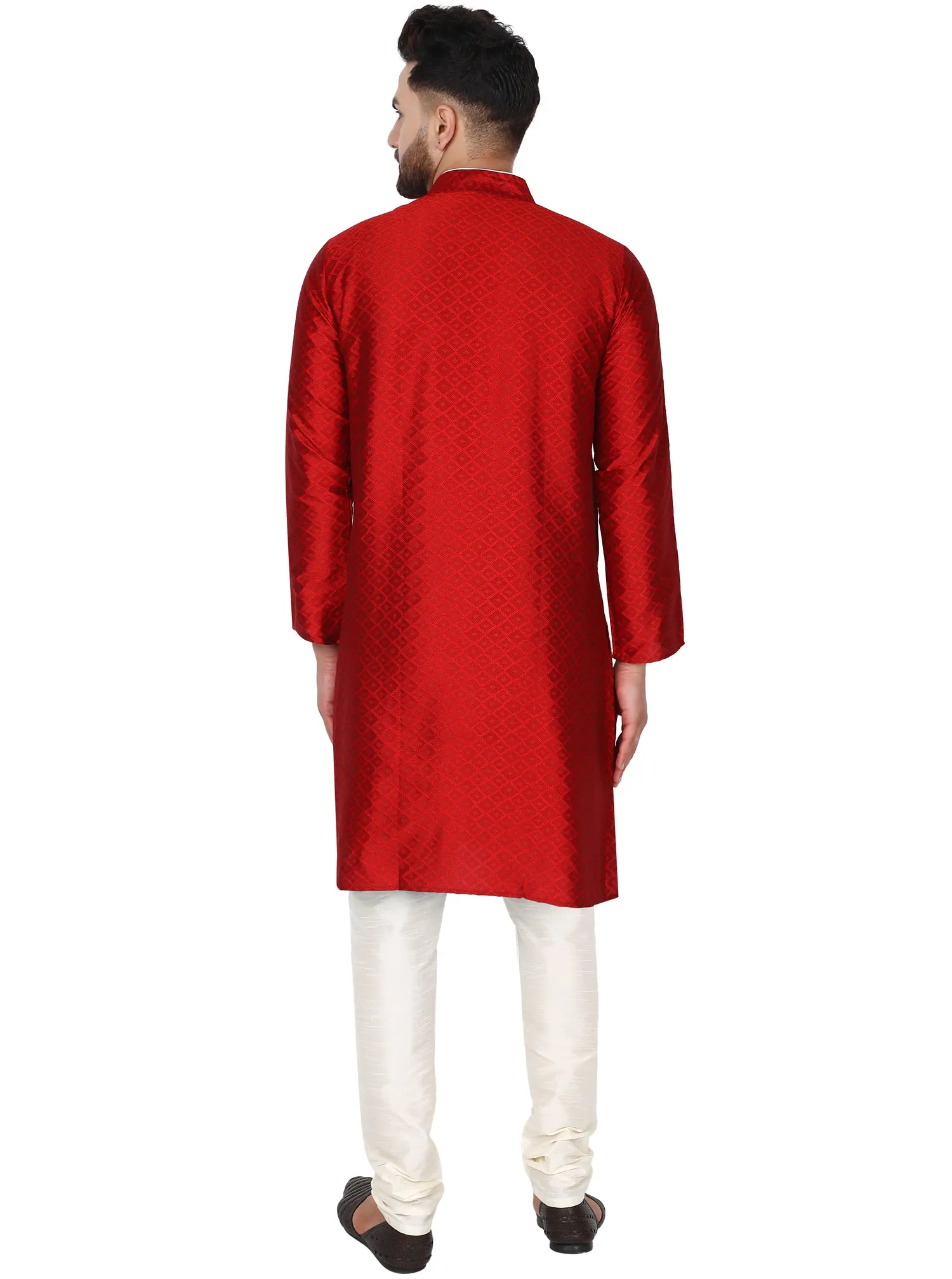 Men's Indian Art Silk Kurta Pajama Wedding Party Festive Season Dress Set Red