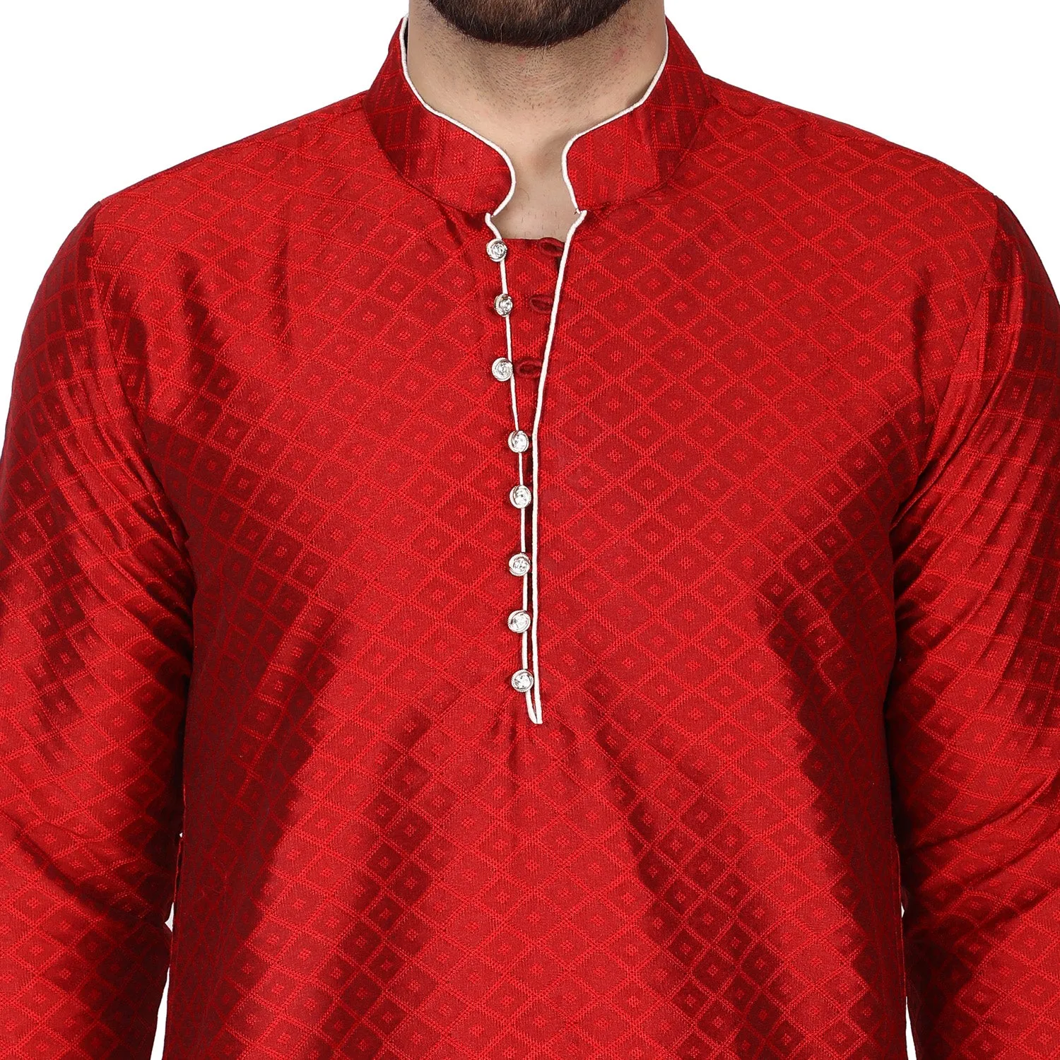 Men's Indian Art Silk Kurta Pajama Wedding Party Festive Season Dress Set Red