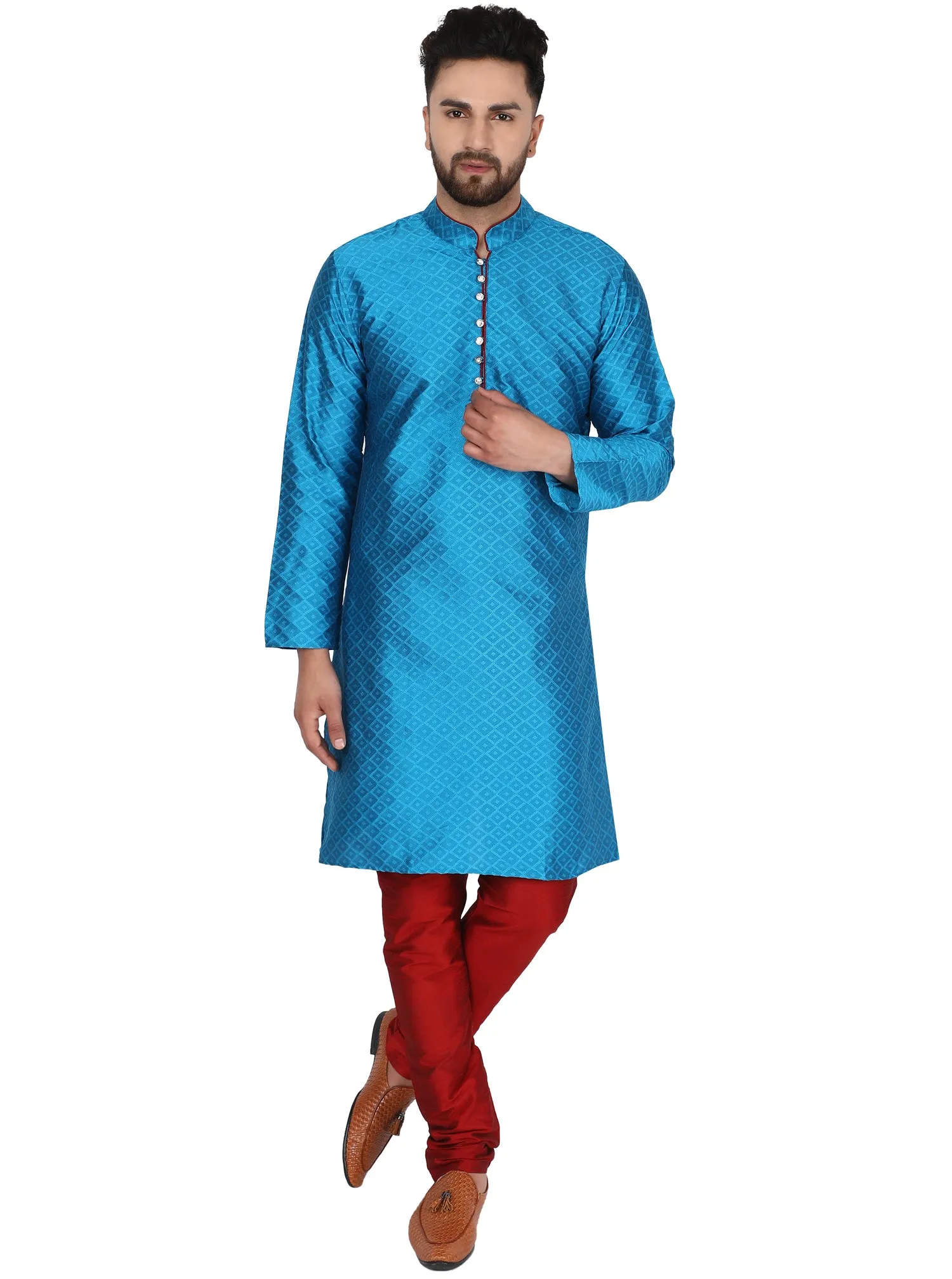 Men's Indian Art Silk Kurta Pajama Wedding Party Festive Season Dress Set Turquoise