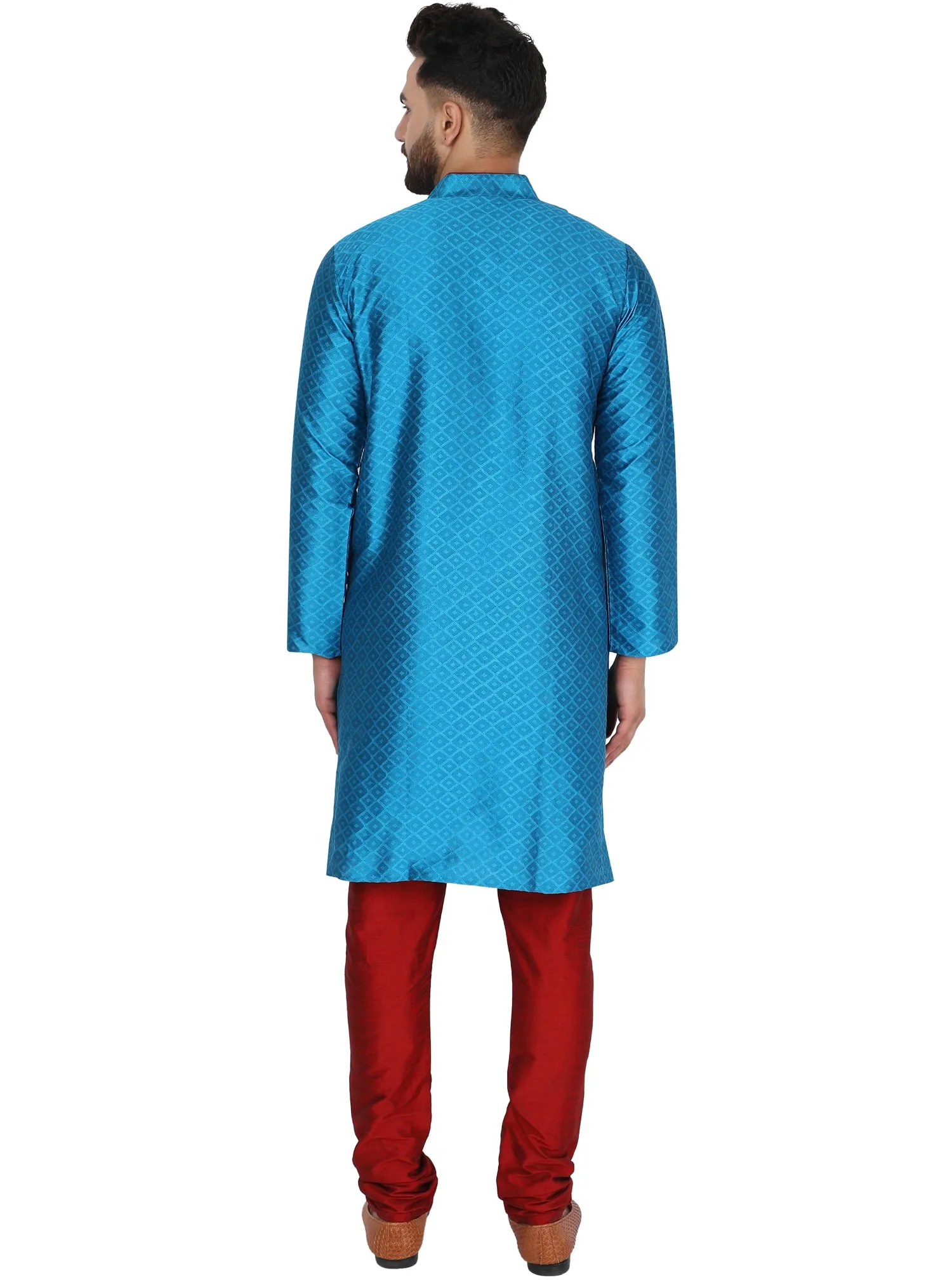 Men's Indian Art Silk Kurta Pajama Wedding Party Festive Season Dress Set Turquoise