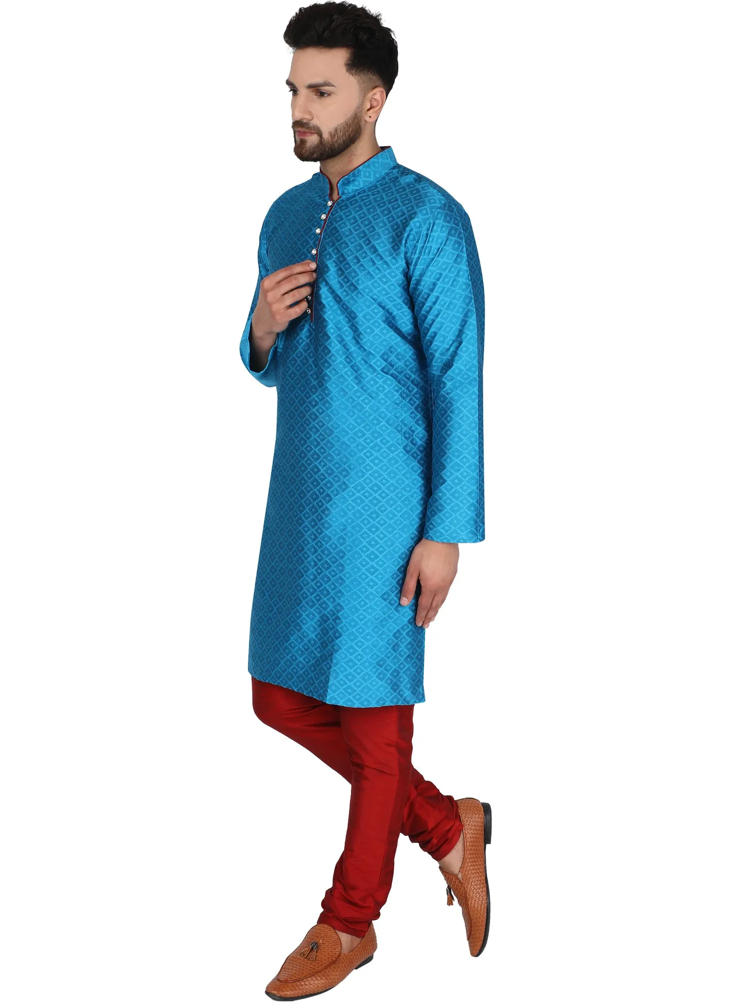 Men's Indian Art Silk Kurta Pajama Wedding Party Festive Season Dress Set Turquoise
