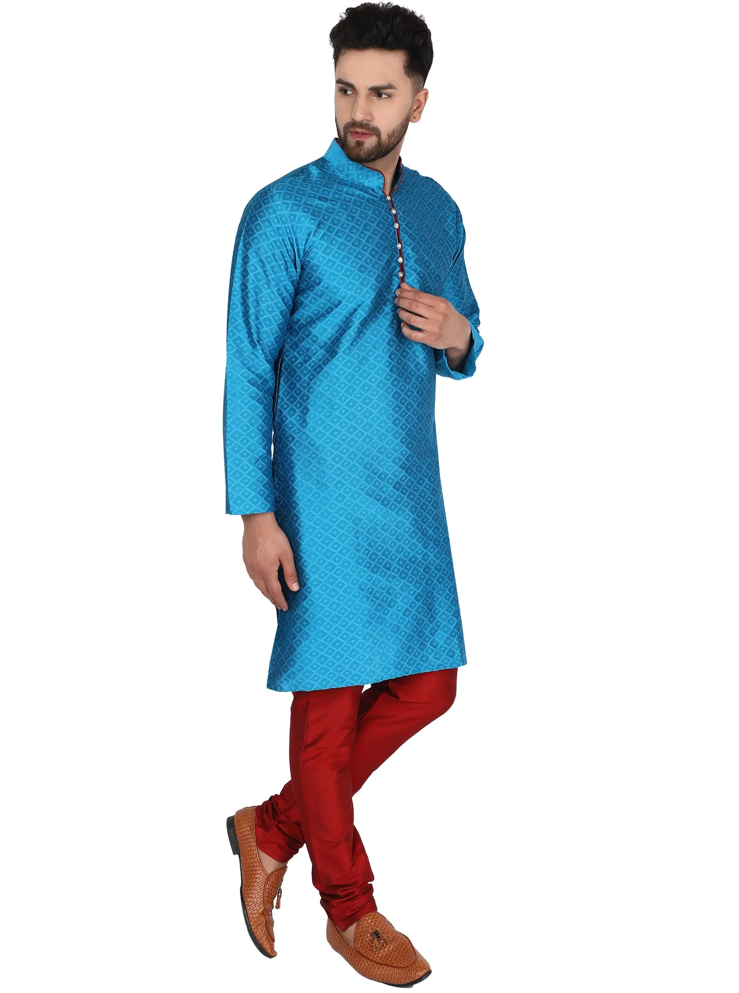 Men's Indian Art Silk Kurta Pajama Wedding Party Festive Season Dress Set Turquoise