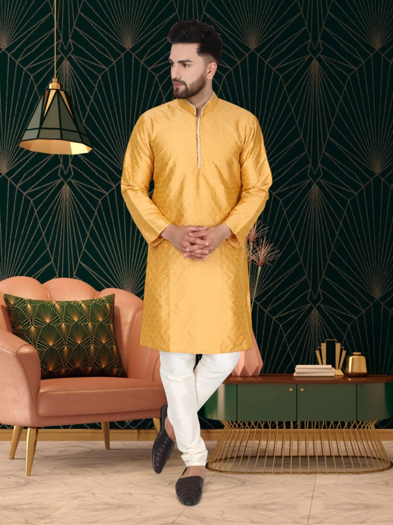 Men's Tunic Indian Art Silk Kurta Pajama Wedding Party Festive Season Dress Set Gold