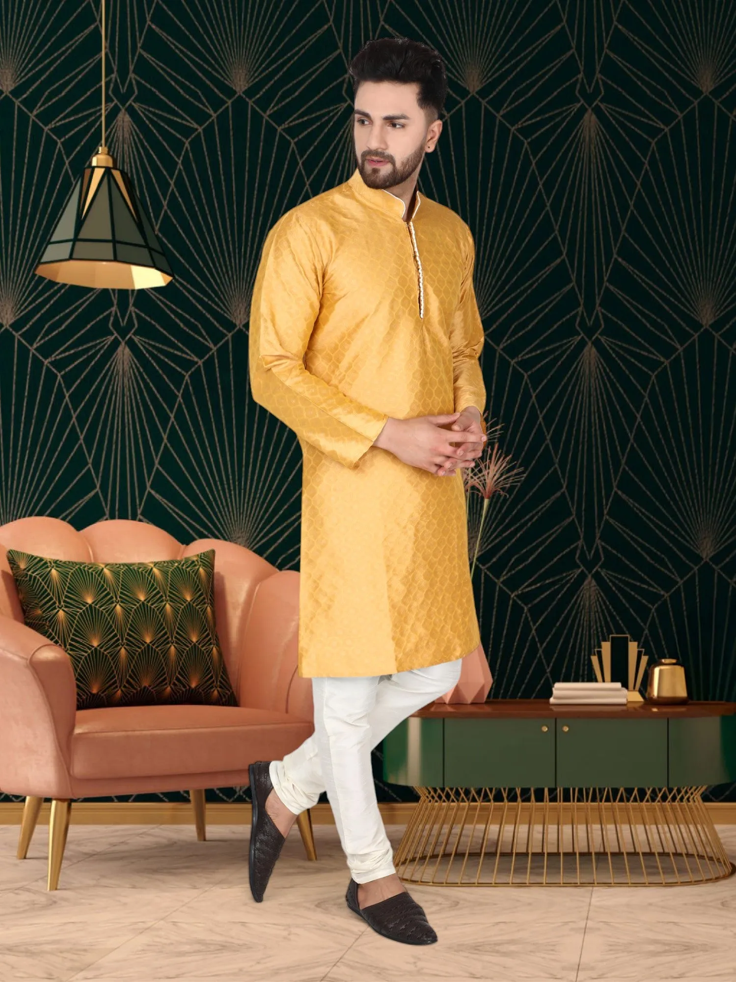 Men's Tunic Indian Art Silk Kurta Pajama Wedding Party Festive Season Dress Set Gold
