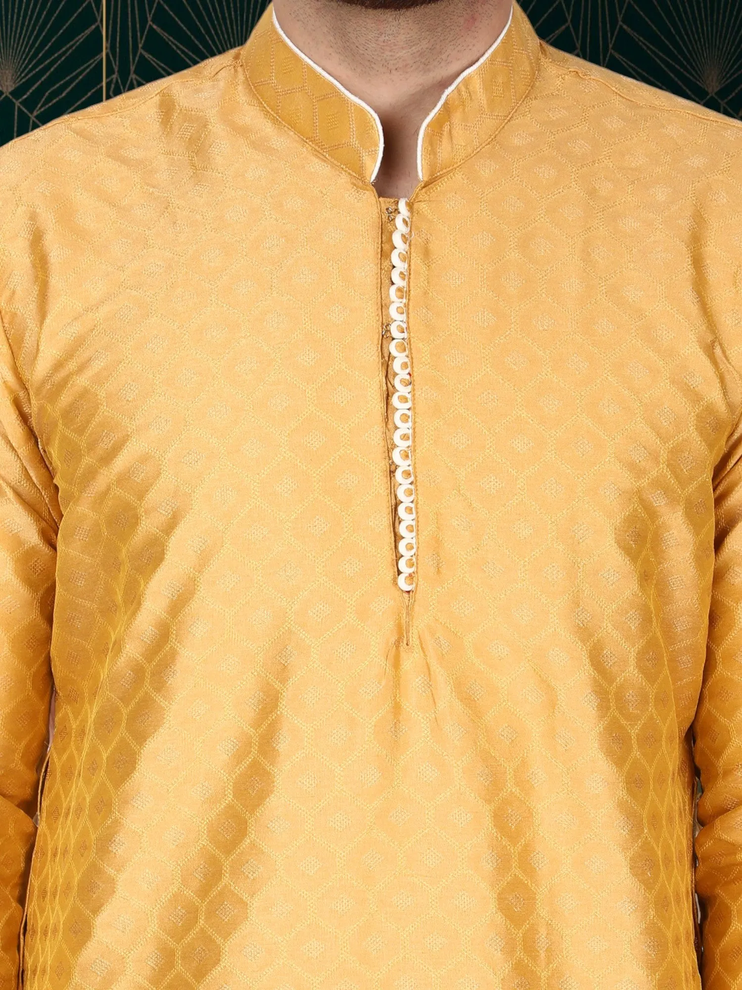 Men's Tunic Indian Art Silk Kurta Pajama Wedding Party Festive Season Dress Set Gold