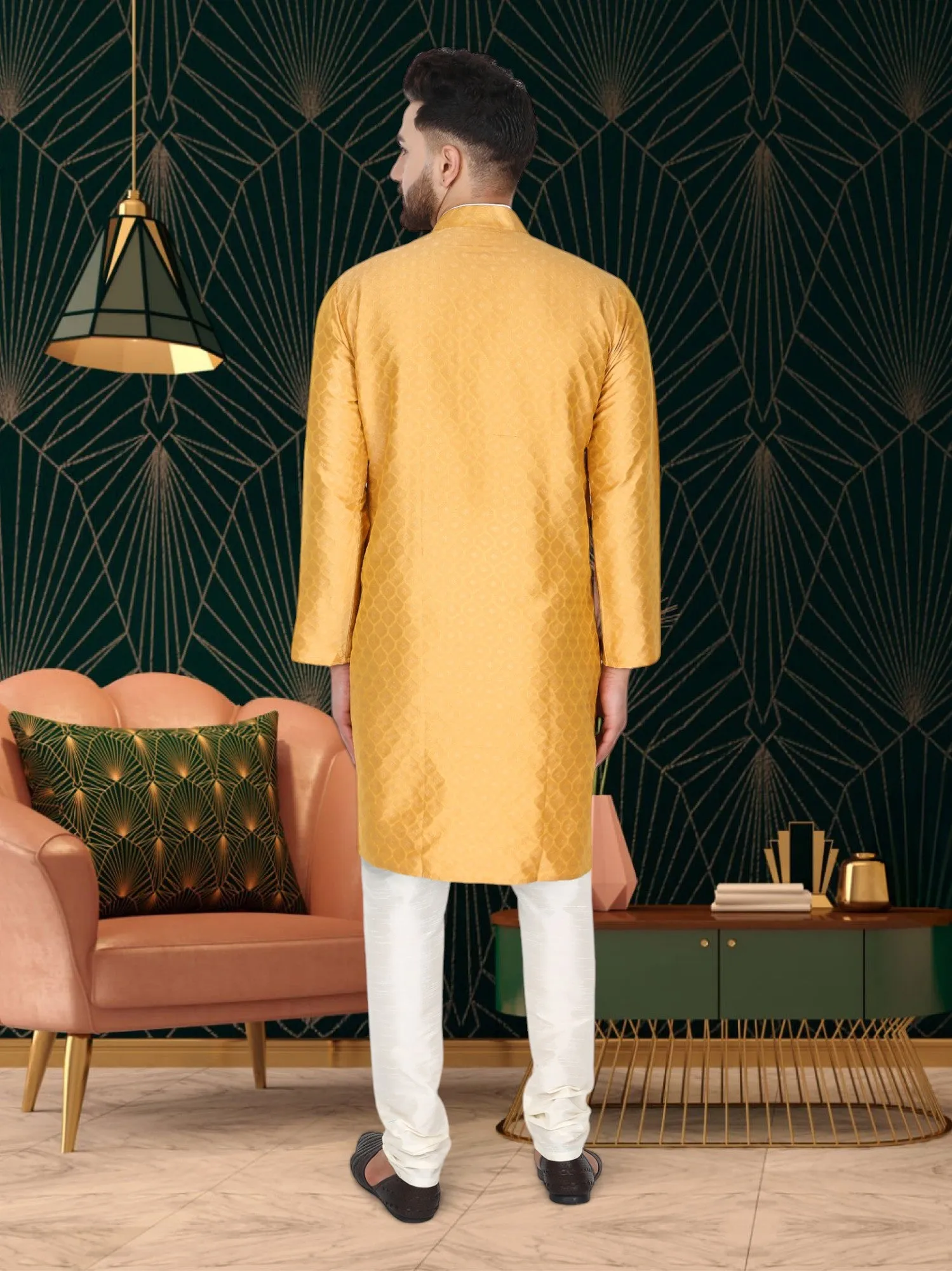 Men's Tunic Indian Art Silk Kurta Pajama Wedding Party Festive Season Dress Set Gold