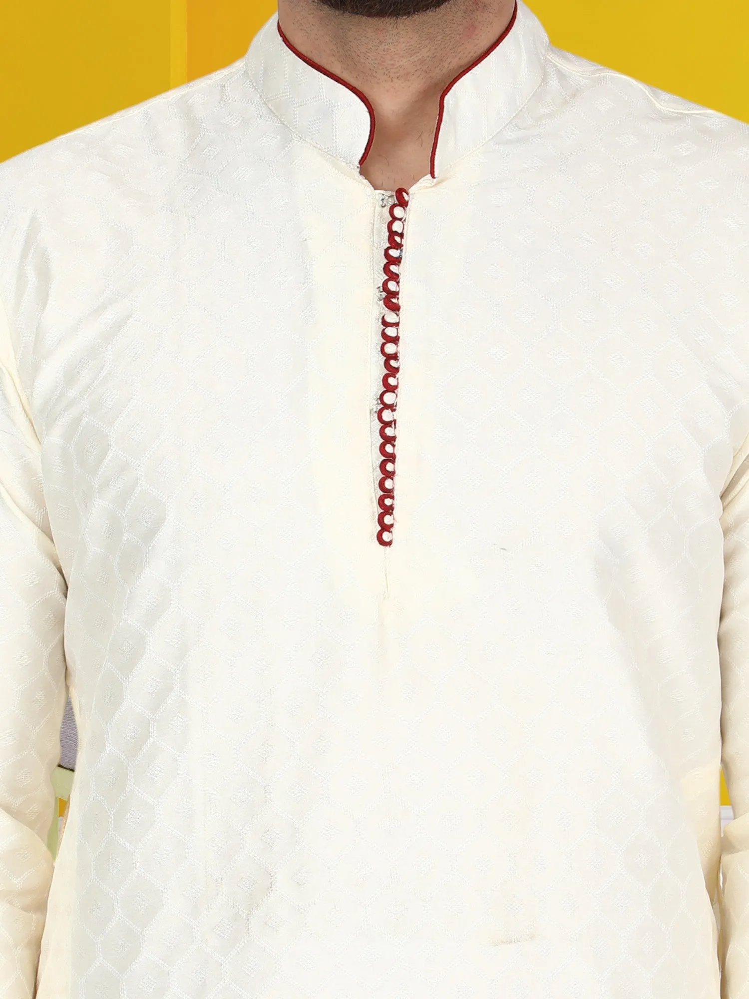 Men's Tunic Indian Art Silk Kurta Pajama Wedding Party Festive Season Dress Set Offwhite