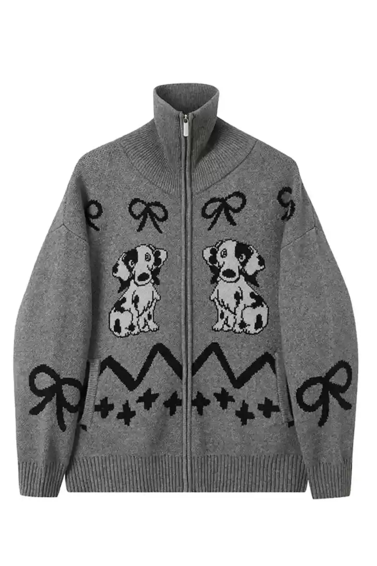 Puppy Pattern Zip Cardigan - Knit Bow Jacquard Sweater
