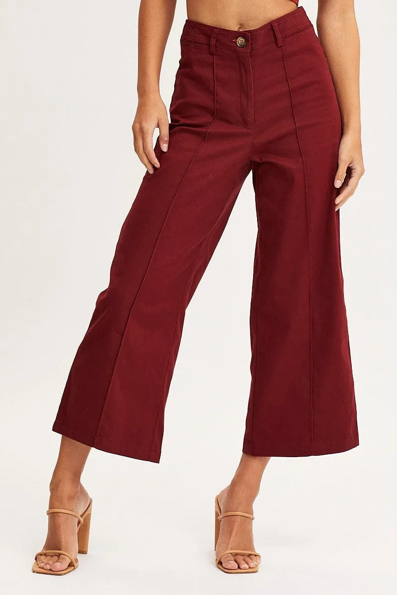 Red Cropped Pants Wide Leg High Waist