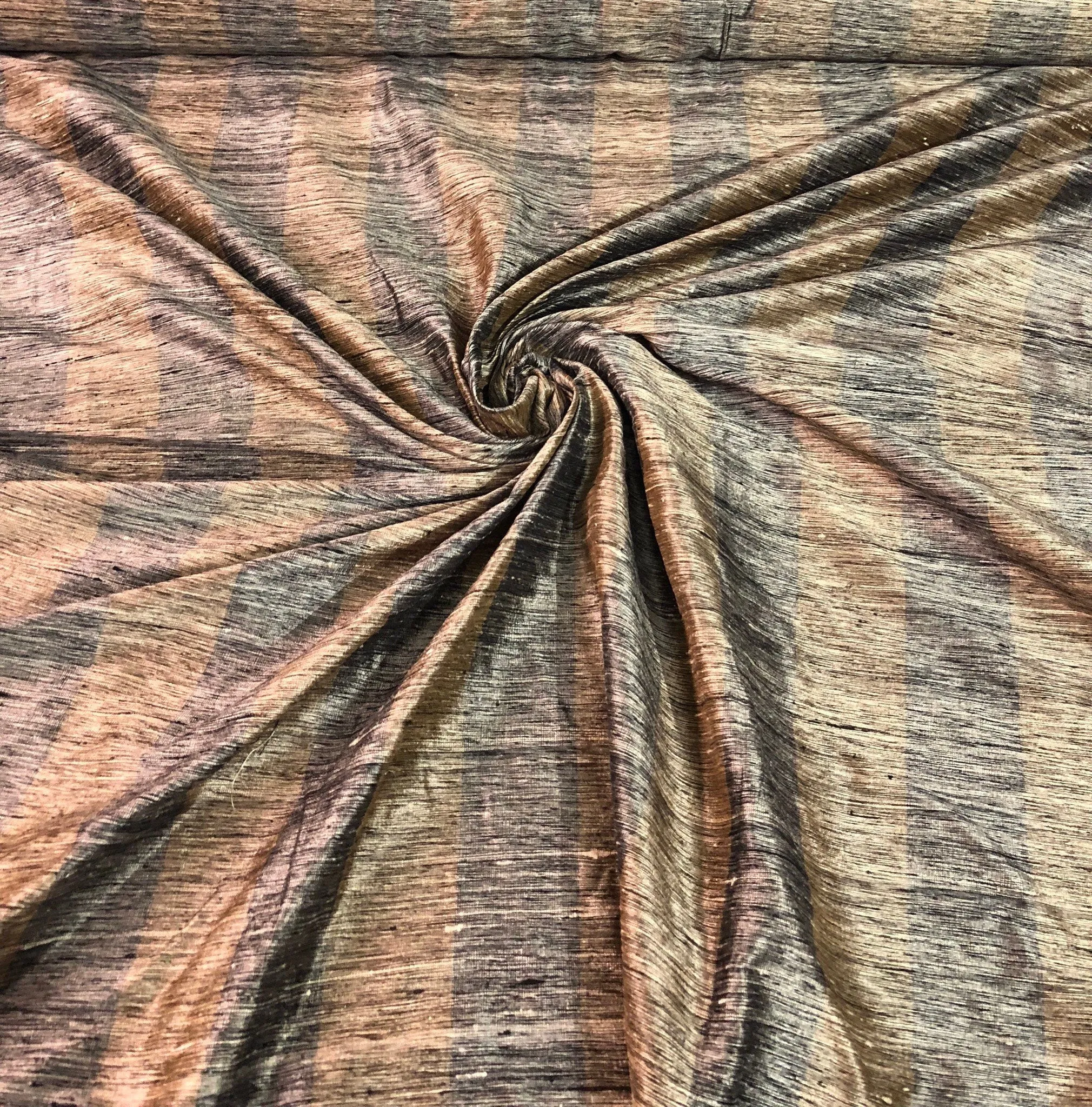 Silk ikat fabric 54&quot;  beautiful silk ikat dupion stripe copper black grey color fabric sold by the yard