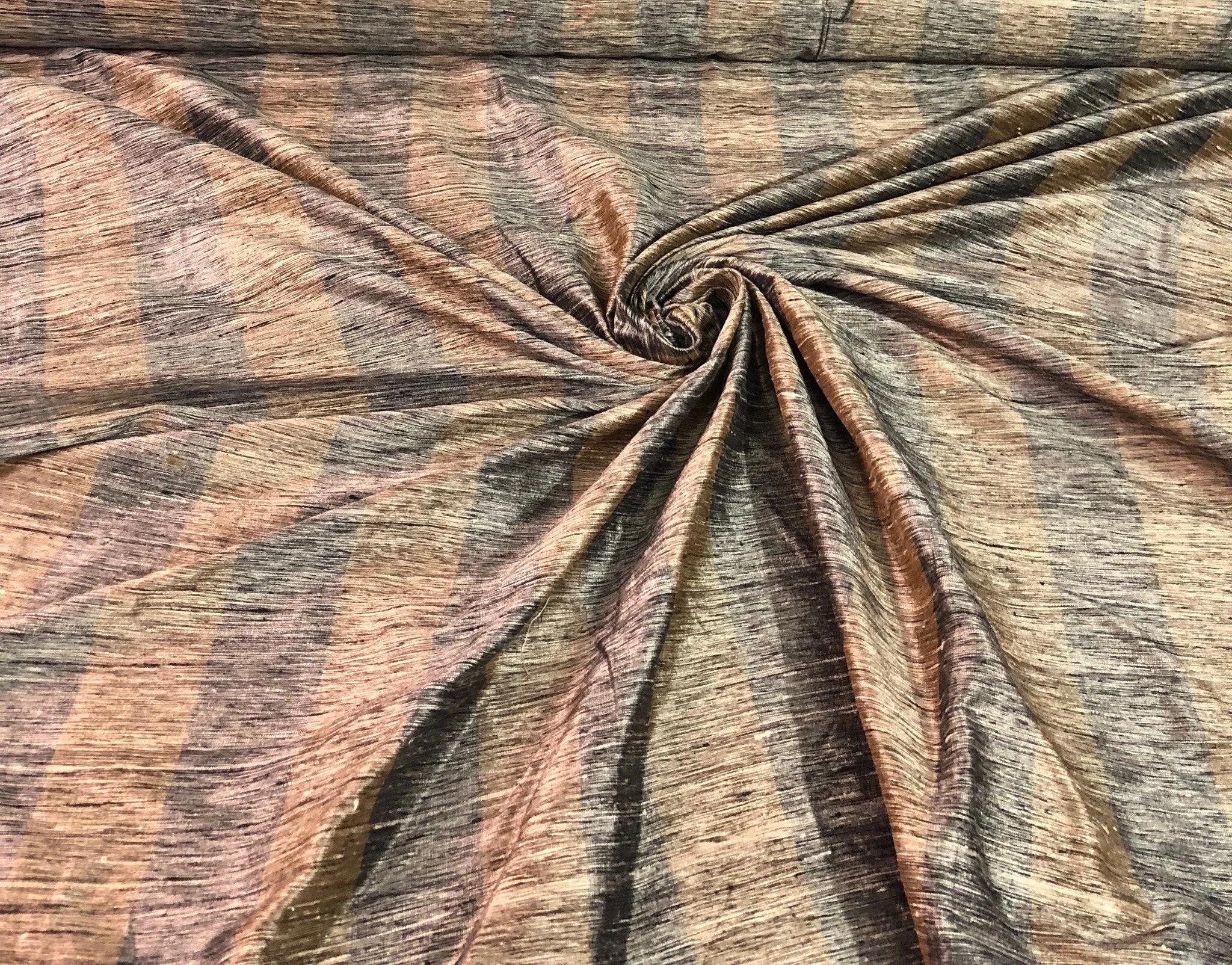 Silk ikat fabric 54&quot;  beautiful silk ikat dupion stripe copper black grey color fabric sold by the yard