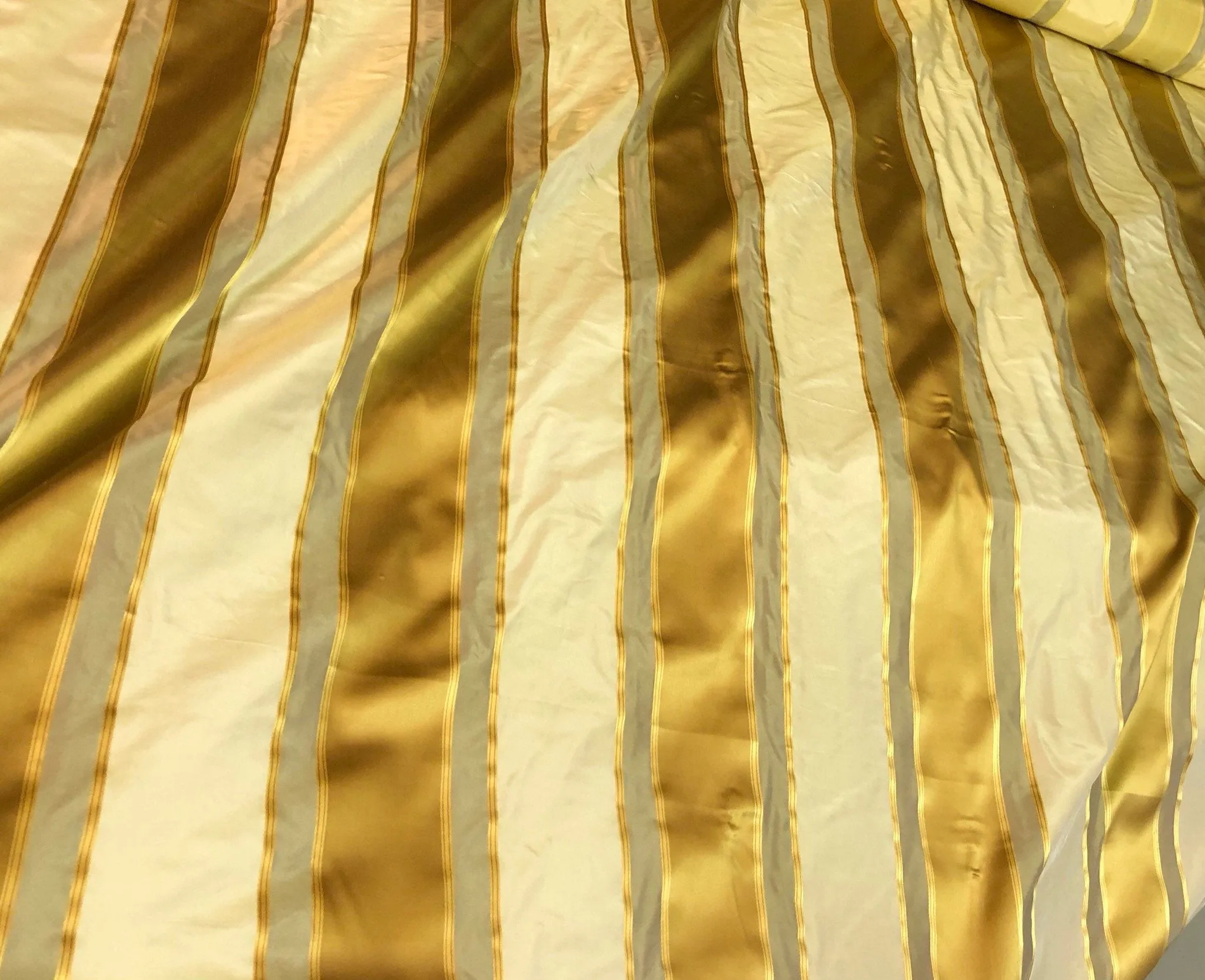 Silk satin taffeta stripe 54&quot; wide    Beautiful gold yellow cream color     Fabric sold by the yard