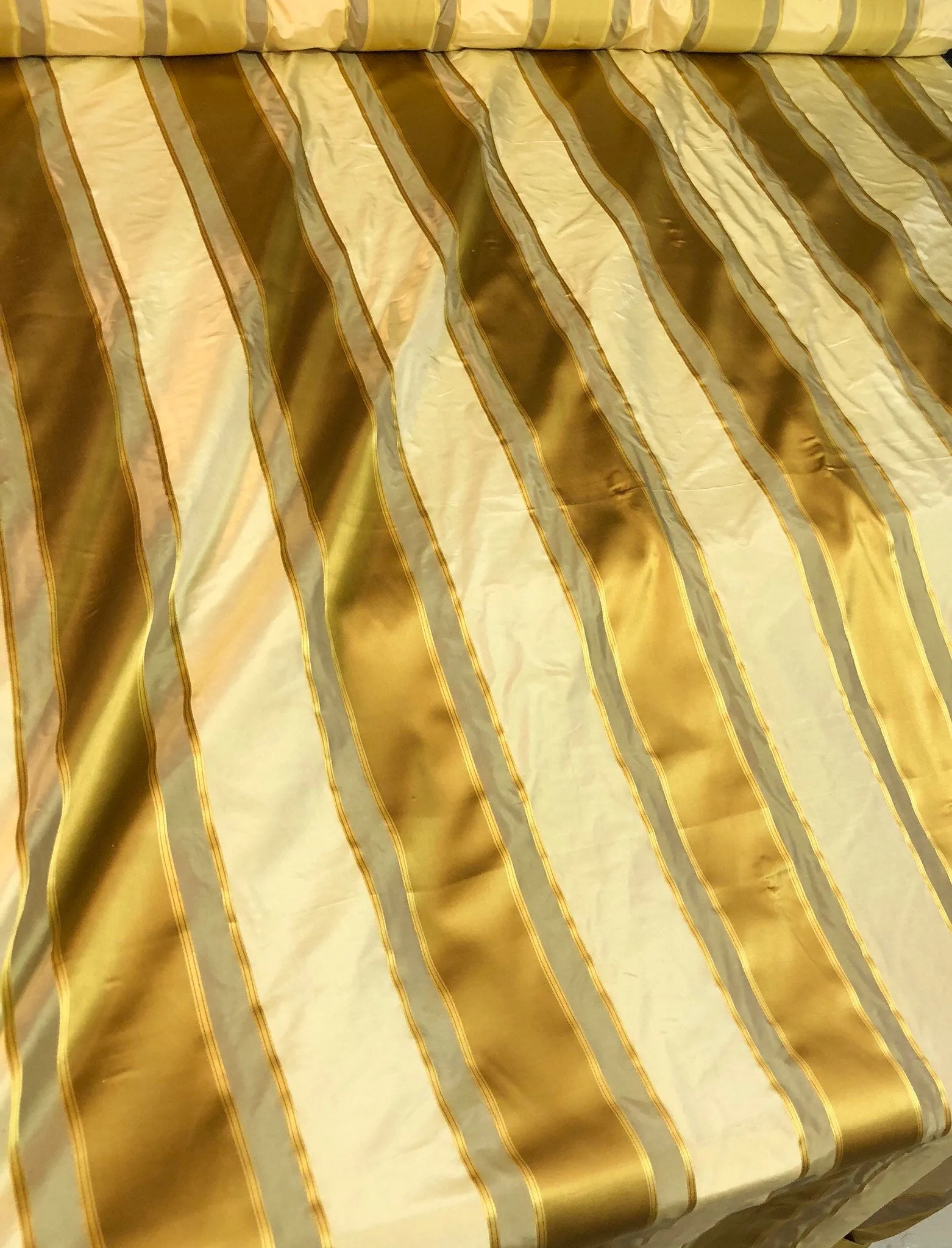 Silk satin taffeta stripe 54&quot; wide    Beautiful gold yellow cream color     Fabric sold by the yard