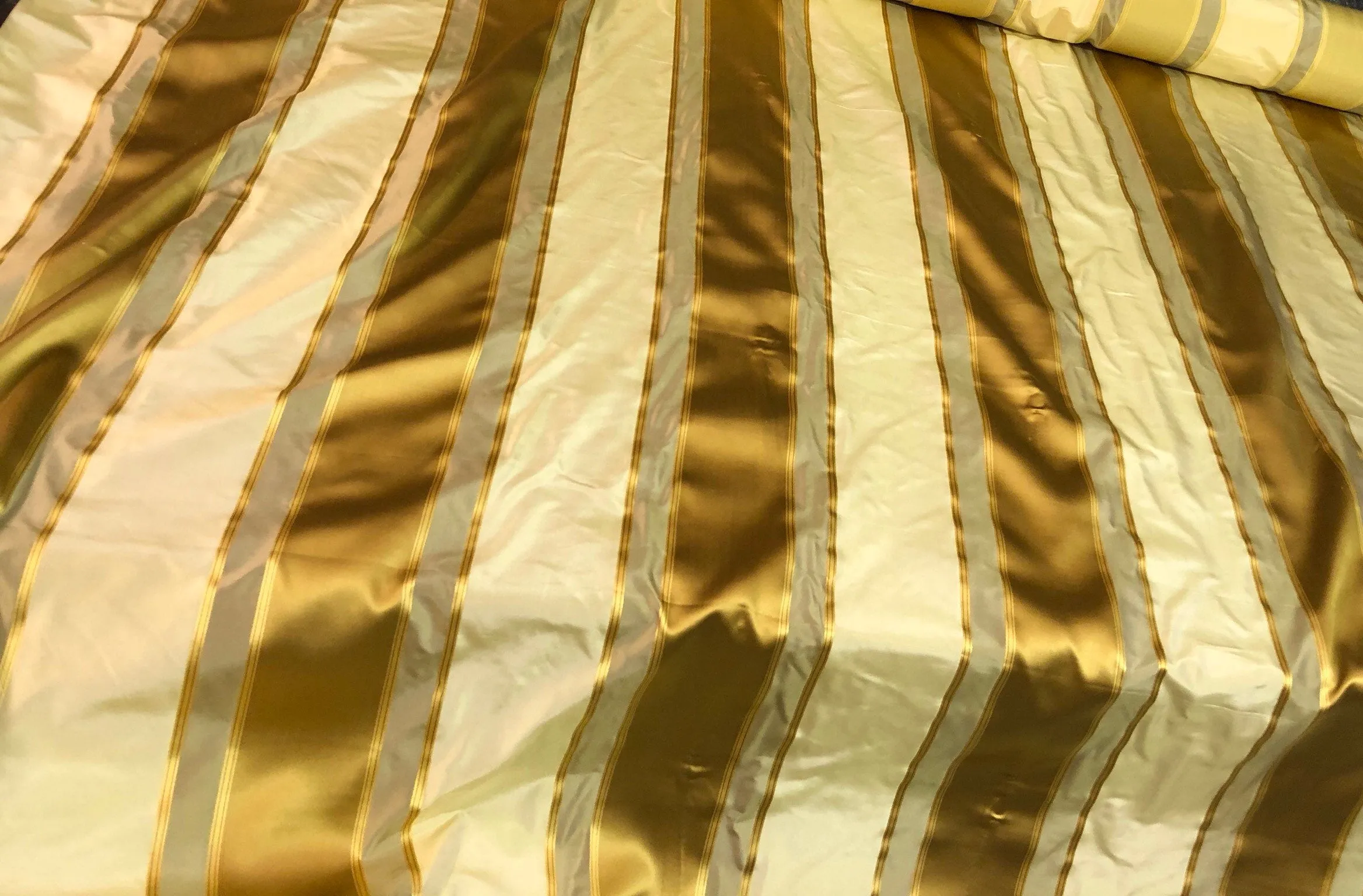 Silk satin taffeta stripe 54&quot; wide    Beautiful gold yellow cream color     Fabric sold by the yard