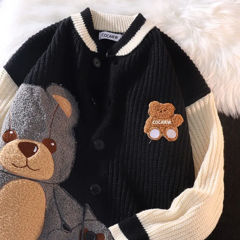 Streetwear Embroidery Bear Cardigan Sweater - Cute and Cozy Outerwear