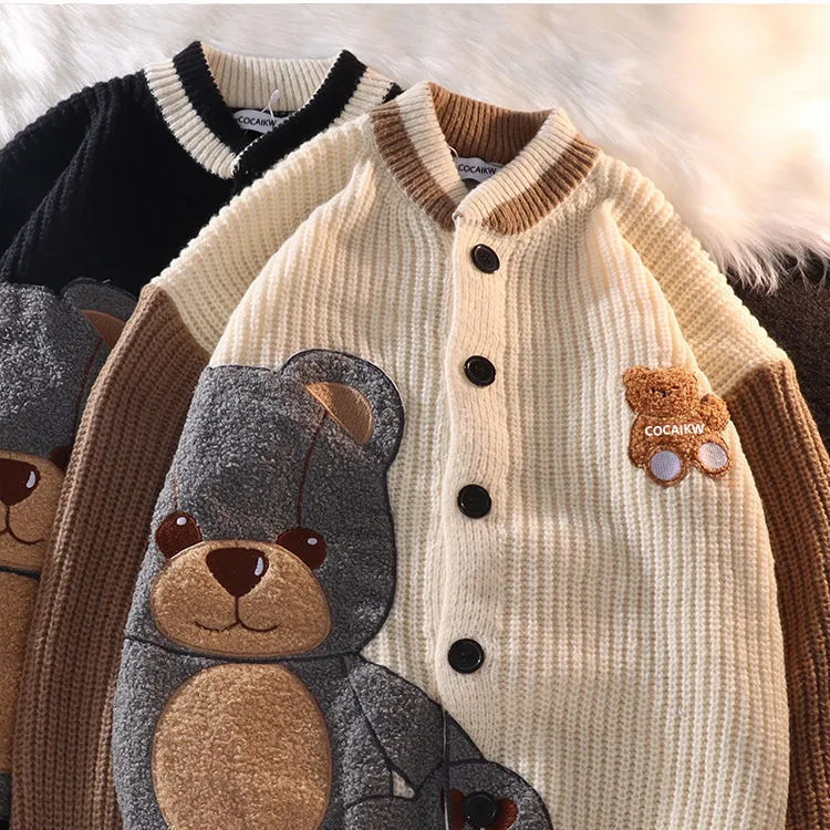 Streetwear Embroidery Bear Cardigan Sweater - Cute and Cozy Outerwear