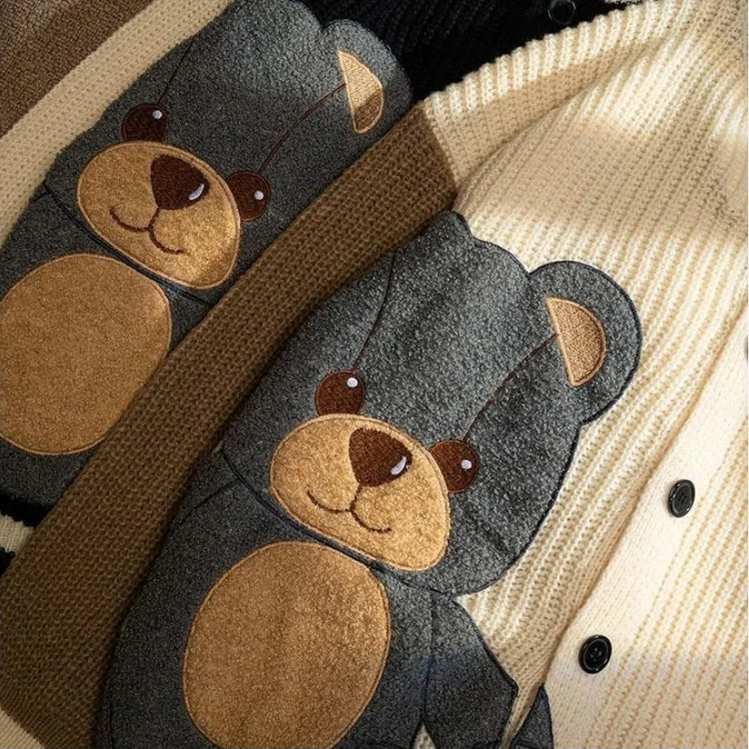 Streetwear Embroidery Bear Cardigan Sweater - Cute and Cozy Outerwear
