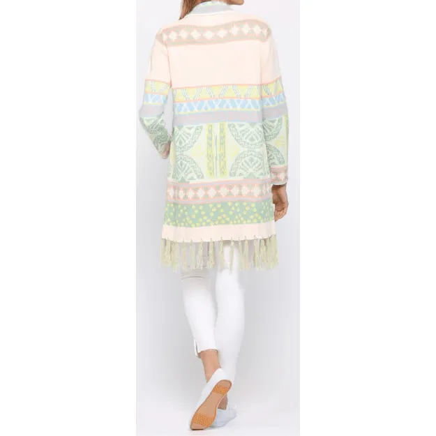 Tangerine Combo Open Duster Cardigan with Aztec Pattern and Fringe