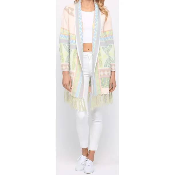 Tangerine Combo Open Duster Cardigan with Aztec Pattern and Fringe
